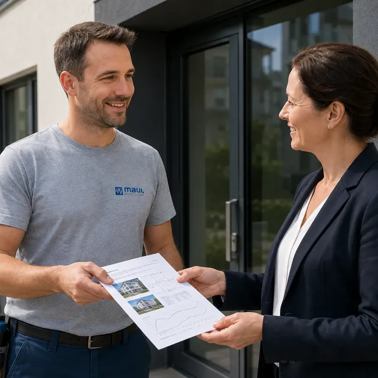 Messtechniker im grauen T-Shirt mit MAUL-Logo übergibt einer Hausverwalterin einen gedruckten Messbericht