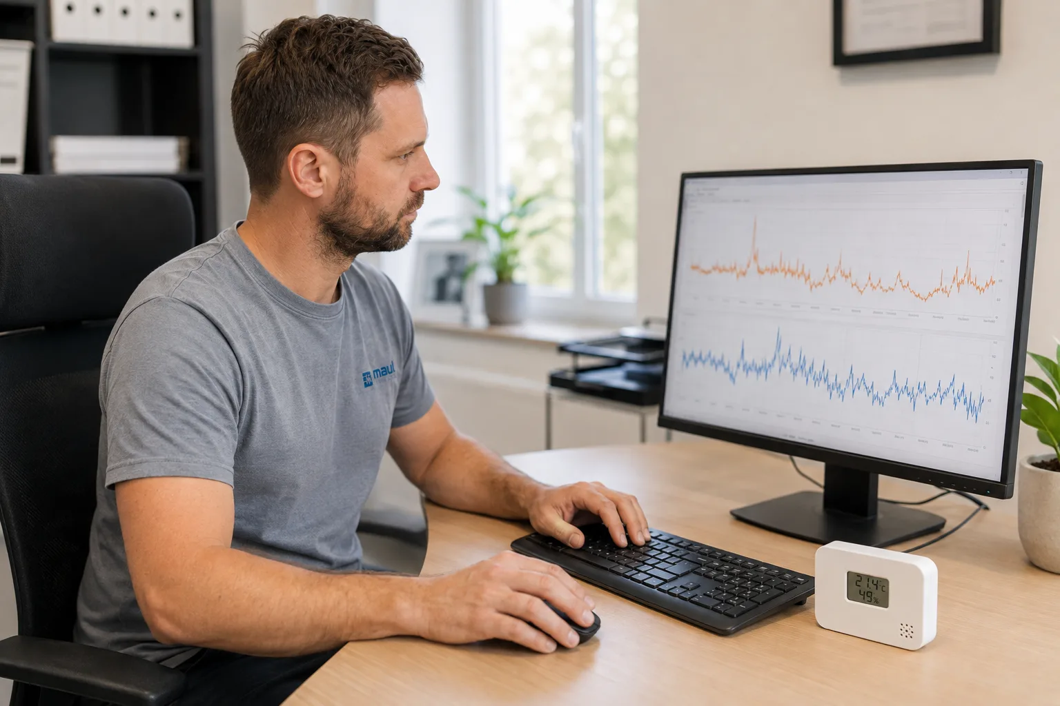 Messtechniker im grauen T-Shirt mit MAUL-Logo wertet am Monitor Temperatur- und Feuchtekurven einer Langzeitmessung aus