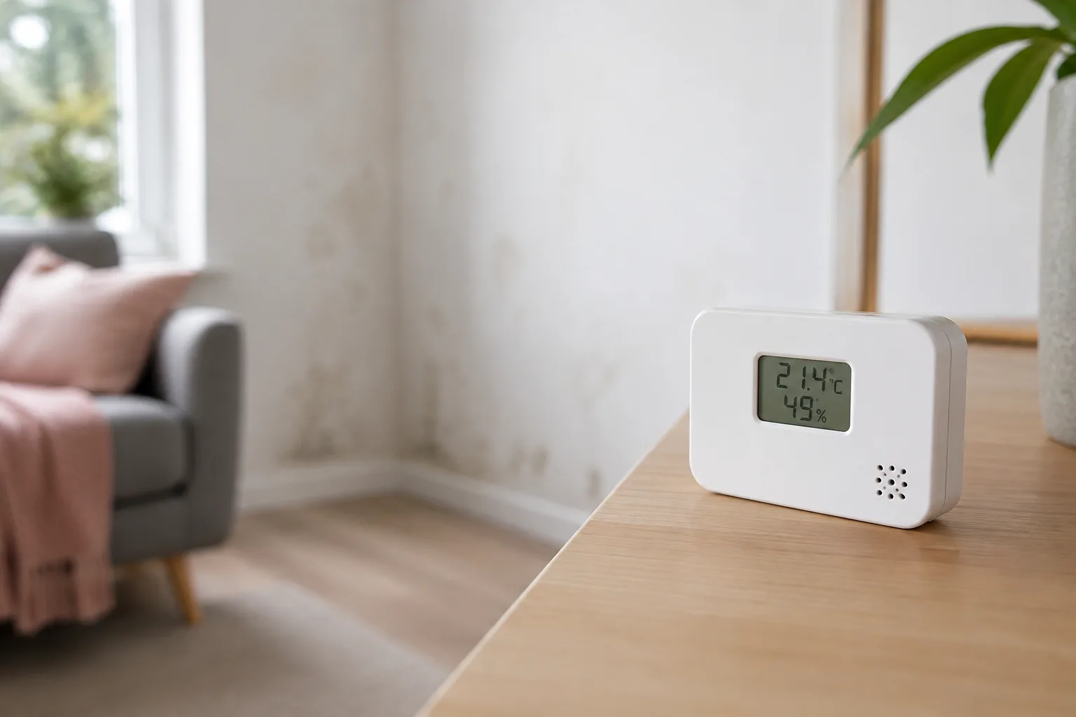 Kompakter Datenlogger für Temperatur und Luftfeuchte auf einem Holzregal im Wohnzimmer