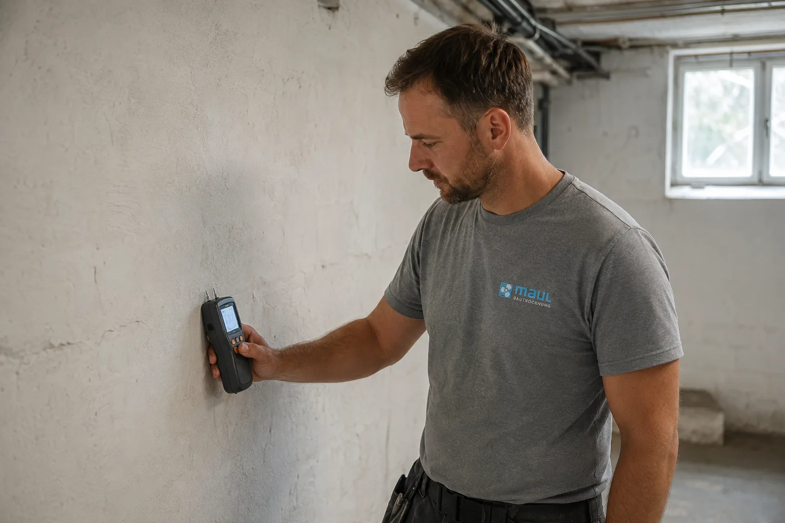 Messtechniker im grauen T-Shirt mit MAUL-Logo führt eine Endoskopkamera durch eine kleine Bohrung in der Wand