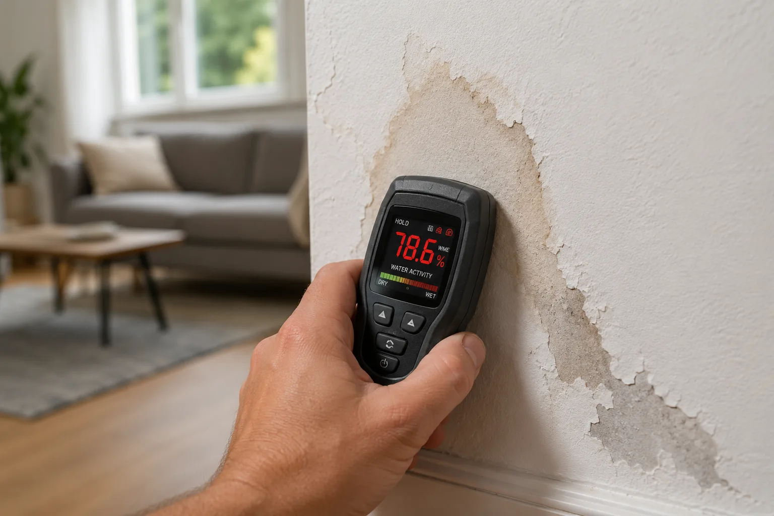 Hand mit Feuchtigkeitsmessgerät an einer Wand mit sichtbarem Wasserfleck, das Display zeigt einen erhöhten Messwert